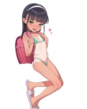 1girl absurdres backpack bag bare_arms bare_legs bikini black_choker black_hair blush choker dark-skinned_female dark_skin fang feet flat_chest green_bikini green_eyes hairband heart highleg highleg_bikini highres loli long_hair looking_at_viewer micro_bikini navel one-piece_tan open_mouth original randoseru sandals simple_background skin_fang smile solo string_bikini swimsuit tan tanline toes white_background white_hairband yan.c