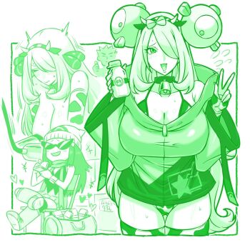 +++ 1boy 2girls :d alternate_breast_size_(larger) animal_print bag beanie bell bikini boots bottle breast_pump breasts brock_(pokemon) chair character_hair_ornament collar commentary_request cosplay cow_print cow_print_bikini cow_print_thighhighs cowbell cynthia_(pokemon) dawn_(pokemon) duffel_bag fake_horns flying_sweatdrops hair_ornament hair_over_one_eye hairband hands_up hat heart highres holding holding_money horns iono_(pokemon) iono_(pokemon)_(cosplay) jacket kenchi large_breasts long_hair long_sleeves milk_bottle milking_machine money moomoo_milk multiple_girls multiple_views nintendo open_mouth pokemon pokemon_dppt pokemon_rgby pokemon_sv print_bikini print_thighhighs scarf shirt sitting skirt sleeveless sleeveless_shirt smile sunglasses sweat swimsuit thighhighs v yen_sign