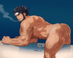 1boy abs absurdres all_fours alternate_body_hair arm_hair ass ass_hair back bara beard black_hair cheekbones chest_hair cigarette commission facial_hair feet_out_of_frame forehead_protector from_side fundoshi hair_slicked_back hairy highres japanese_clothes konohagakure_symbol leg_hair loboke looking_at_viewer male_focus mature_male muscular muscular_male naruto_(series) naruto_shippuuden navel navel_hair pectorals presenting sarutobi_asuma second-party_source seductive_smile short_hair signature smile smirk smoke smoke_trail smoking solo stomach strongman_waist thick_eyebrows thick_thighs thighs topless_male triceps