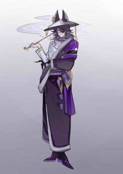 1boy animal_ear_piercing animal_ears black_boots black_hair black_hands black_robe boots borrowed_character chinese_commentary claws closed_mouth colored_extremities colored_shoe_soles commentary_request deel ears_through_headwear elbow_rest full_body gradient_background grey_background grey_hat hadanugi_dousa hair_flaps hair_over_one_eye hat highres holding holding_smoking_pipe jingasa looking_at_viewer male_focus medium_hair mole mole_under_eye mongolian_clothes one_eye_covered open_kimono original pangxieshenvdegdegv purple_eyes purple_sash robe sash shirt simple_background smile smoke smoking_pipe solo standing tachi-e waist_sash white_background white_shirt