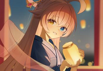 1girl alternate_costume blue_archive blue_eyes blue_kimono chijiandeyusang chinese_commentary commentary_request hagoromo heterochromia highres holding holding_lantern hoshino_(blue_archive) japanese_clothes kimono lantern long_hair looking_at_viewer mid-autumn_festival paper_lantern parted_lips pink_hair pink_shawl shawl sky_lantern smile solo yellow_eyes