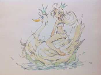 1girl ass bare_legs bare_shoulders barefoot bikini bird blonde_hair blue_eyes closed_mouth commentary_request crown frilled_bikini frills highres long_hair looking_at_viewer looking_back original peter_salt riding riding_animal sitting swan swimsuit traditional_media water white_bikini