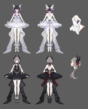 4girls absurdres ahe63011 back backless_dress backless_outfit ballerina ballet ballet_slippers balletcore bare_shoulders black_choker black_dress black_hair blue_eyes bow bow_choker brown_hair chinese_commentary choker closed_eyes closed_mouth columbina_(genshin_impact) commentary_request dress eye_mask from_behind genshin_impact grey_background hair_bun hair_ornament hairband head_wings headdress highres long_hair mask multicolored_hair multiple_girls multiple_views purple_hair red_hairband reference_sheet sandrone_(genshin_impact) standing tutu two-tone_hair white_dress white_wings winding_key wings wrist_bow x_hair_ornament