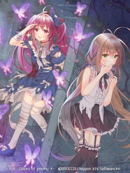2girls ahoge antenna_hair bandaged_arm bandaged_leg bandages black_thighhighs blue_bow blue_dress blue_shoes bow brown_hair bug butterfly center_frills covering_own_mouth dress dress_bow footwear_bow frills garter_straps glowing_butterfly green_eyes hair_bow hair_ornament insect kurosaki_kasuga long_hair low_twintails multiple_girls nei_(z/x) official_art open_mouth red_eyes red_hair salute serino_itsuki shirt shoes sleeveless sleeveless_shirt sparkle thighhighs torn_clothes torn_dress torn_shirt torn_thighhighs twintails very_long_hair white_bow white_shirt white_thighhighs z/x