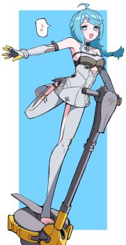 Rule 34 | ahoge, bare shoulders, blue background, blue eyes, blue hair, blush, border, braid, braided ponytail, breasts, clothing cutout, elbow gloves, floating hair, flower hairpin, gloves, highres, leg up, long hair, looking at viewer, mole, mole on shoulder, musical note, open mouth, see-through dress layer, seed (zenless zone zero), segway, side cutout, simple background, small breasts, spoken musical note, stirrup legwear, thigh cutout, toeless legwear, toes, white border, white gloves, yuntaro (ramen star), zenless zone zero
