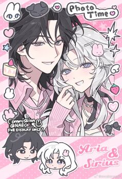 1girl black_hair blue_eyes blush character_request commentary_request copyright_request evodtonaeco hair_ornament heart highres hood hoodie jacket male_focus short_hair tagme white_hair