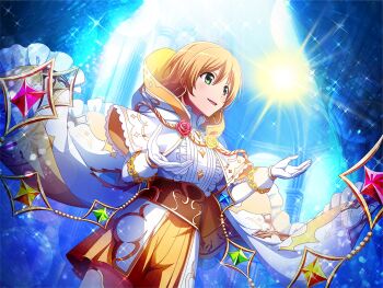 1girl arthurian_legend capelet center_frills cosplay daiba_nana earrings frills game_cg gloves green_eyes hands_up hood hood_down hooded_capelet hoop_earrings jewelry merlin_(mythology) merlin_(mythology)_(cosplay) official_art open_hands orange_hair parted_lips shirt shoujo_kageki_revue_starlight shoujo_kageki_revue_starlight_-re_live- skirt solo standing upper_body white_capelet white_gloves white_shirt white_skirt