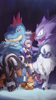 1girl absol bandaid bandaid_on_face bandaid_on_nose black_background black_jacket black_skirt chest_jewel claws dahaidan eevee espurr feraligatr gem gen_1_pokemon gen_2_pokemon gen_3_pokemon gen_6_pokemon grey_hair haunter highres hololive hololive_english horns houndoom jacket jewel_under_eye koseki_bijou koseki_bijou_(casual) looking_at_viewer midriff nintendo official_alternate_costume official_alternate_hairstyle on_head open_mouth poke_ball pokemon pokemon_(creature) pokemon_on_head purple_eyes purple_gemstone red_eyes scratches sharp_teeth shirt skirt sword tail teeth thighhighs virtual_youtuber weapon
