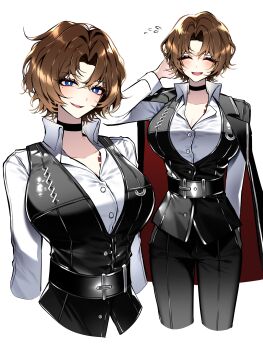 1girl absurdres alternate_hair_length alternate_hairstyle belt black_vest blue_eyes breasts bright_pupils brown_hair cherry_oux chest_tattoo collared_shirt commentary english_commentary highres large_breasts leather leather_vest limbus_company looking_at_viewer project_moon rodion_(project_moon) shirt simple_background smile solo tattoo vest white_background white_pupils white_shirt