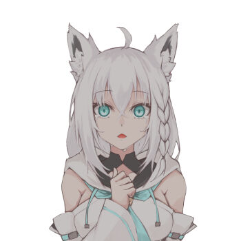 1girl ahoge animal_ear_fluff animal_ears aqua_eyes blue_neckerchief braid breasts commentary_request crying crying_with_eyes_open detached_sleeves double-parted_bangs eihire empty_eyes fox_ears hair_between_eyes hololive hood hooded_vest hoodie long_hair medium_breasts neckerchief shirakami_fubuki shirakami_fubuki_(1st_costume) side_braid sidelocks simple_background solo strapless tears upper_body vest virtual_youtuber white_background white_hair white_sleeves wispy_bangs