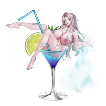 1girl aqua_eyes aqua_ribbon areola_slip armlet bikini blue_eyeshadow blue_gemstone blue_liquid blue_nails bracelet braid breasts cocktail_glass collarbone cryokinesis crystal_hair_ornament crystal_necklace cup drinking_glass drinking_straw eyeliner eyeshadow food fortune_bikini fruit gem hair_intakes hair_ribbon half_up_braid head_chain highres huge_breasts ice_crystal jewelry last_origin leaf lime_(fruit) lime_slice long_hair looking_at_viewer lower_teeth_only makeup micro_bikini mnemosyne_(last_origin) nail_polish navel necklace non-web_source official_alternate_costume official_art open_mouth oversized_object partially_submerged pearl_anklet pearl_bracelet pink_hair red_eyeliner ribbon simple_background sitting skindentation solo string_bikini swimsuit tachi-e teeth thick_thighs thighlet thighs toe_ring toenail_polish toenails transparent_background tunamayo_(dsasd751) venus_bikini wet