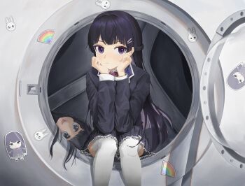 1girl absurdres black_jacket commentary_request frilled_skirt frills head_rest highres jacket looking_at_viewer nazono_mito nijisanji plaid_clothes plaid_skirt purple_eyes rabbit_sticker rainbow_sticker sabame50 sitting skirt solo sticker thighhighs tsukino_mito tsukino_mito_(1st_costume) virtual_youtuber washing_machine white_thighhighs