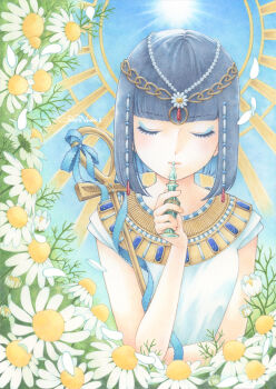 1girl absurdres ancient_egyptian_clothes ankh black_hair blue_sky chamomile chiori_n circlet closed_eyes colored_pencil_(medium) commentary_request eyeliner highres makeup original ribbon short_hair sky solo sun sunlight traditional_media upper_body usekh_collar