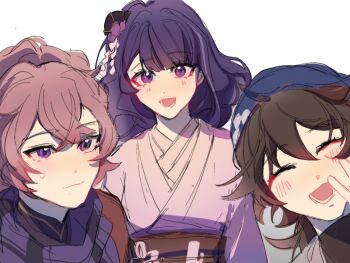 1girl 2boys blunt_bangs brown_hair chinese_commentary closed_eyes closed_mouth fan_hair_ornament flower friends genshin_impact hair_between_eyes hair_ornament hand_up happy head_tilt headscarf high_ponytail highres japanese_clothes kazuha&#039;s_friend_(genshin_impact) kimono light_blush long_hair long_sleeves looking_at_viewer makoto_(genshin_impact) multicolored_hair multiple_boys nihaowojiaoshanghetu niwa_(genshin_impact) open_mouth out_of_frame ponytail purple_eyes purple_hair purple_kimono purple_scarf red_sash sash scarf simple_background smile streaked_hair sweatdrop upper_body waving white_background wide_sleeves wisteria