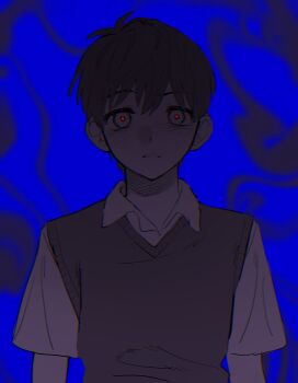 1boy antenna_hair arms_at_sides blue_background chromatic_aberration clenched_teeth collared_shirt commentary english_commentary greyscale greyscale_with_colored_background hair_behind_ear hair_between_eyes hatching_(texture) highres looking_at_viewer male_focus monochrome omori parted_lips red_pupils shirt short_hair short_sleeves simple_background solo straight-on sunny_(omori) tabeyu teeth upper_body very_short_hair