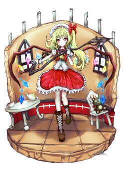 1girl absurdres ascot blonde_hair boots bow brown_boots closed_mouth commentary crystal crystal_wings cup embellished_costume english_commentary flandre_scarlet frilled_skirt frills full_body gloves hair_bow hat highres holding holding_weapon itanase lace-up_boots looking_at_viewer mob_cap multicolored_wings navel one_side_up puffy_short_sleeves puffy_sleeves red_bow red_eyes red_skirt red_vest short_sleeves skirt skirt_set smile solo stuffed_animal stuffed_toy table teacup teapot teddy_bear touhou vest weapon white_gloves white_hat wings yellow_ascot