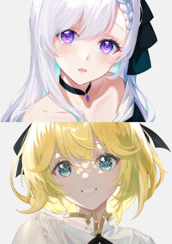 2girls absurdres anisphia_wynn_palettia aqua_eyes asymmetrical_bangs bare_shoulders black_choker black_ribbon blonde_hair braid braided_bangs choker collarbone colored_inner_hair euphyllia_magenta grin hair_over_shoulder hair_ribbon head_tilt highres jacket kissshotmagia light_blush long_hair looking_at_viewer multicolored_hair multiple_girls off_shoulder open_mouth parted_bangs pendant_choker portrait purple_eyes ribbon short_hair simple_background smile split_screen tensei_oujo_to_tensai_reijou_no_mahou_kakumei white_background white_hair white_jacket
