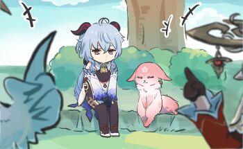 2girls ahoge alice_(genshin_impact) bird black_gloves blue_hair blurry blurry_foreground bodystocking cloud_retainer_(genshin_impact) detached_sleeves fox ganyu_(genshin_impact) genshin_impact gloves goat_horns hair_between_eyes hand_up highres horns index_finger_raised long_sleeves multiple_girls outdoors sitting xianyun_(genshin_impact) xinzoruo yae_miko yae_miko_(fox)