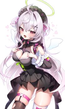1girl :d absurdres ahoge angel_wings beatrixa_(stella_sora) beatrixa_(vent_it_out)_(stella_sora) black_thighhighs breasts cleavage commentary_request cowboy_shot gluteal_fold green_halo grey_hair hair_ornament hair_ribbon halo headdress heart highres legwear_garter long_hair long_sleeves mismatched_thighhighs nyaruin open_mouth pink_ribbon red_eyes ribbon simple_background smile solo stella_sora thigh_strap thighhighs torn_clothes torn_thighhighs two_side_up white_background white_thighhighs wings x_hair_ornament