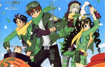 Rule 34 | 1girl, 3boys, alcohol, anniversary, aviator goggles, belt, black belt, blue sky, brown eyes, champagne, champagne bottle, clamp (circle), confetti, crossover, fai d. flowright, glove in mouth, gloves, goggles, goggles around neck, goggles on head, goggles on headwear, green gloves, green scarf, green vest, highres, kunogi himawari, li syaoran, mokona, mouth hold, multiple boys, scarf, sky, tsubasa chronicle, vest, watanuki kimihiro, xxxholic, yellow scarf