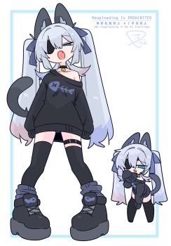 1boy :3 :o animal_ear_fluff animal_ears bell black_choker black_shoes black_sweater black_thighhighs blue_bow blue_eyes blue_hair bow bulge cat_boy cat_ears cat_tail chibi choker collarbone colored_tips commentary crossdressing crossdressing_(mtf) eyepatch fang fish_skeleton fish_skeleton_print flipped_hair from_below full_body grey_socks grey_tail hair_between_eyes hair_bow hair_intakes hand_up highres leaning_forward long_hair long_sleeves looking_at_viewer male_focus multicolored_hair multiple_views narrowed_eyes neck_bell no_nose no_shoes one_eye_covered op_na_yarou open_mouth original oversized_clothes print_sweater quad_tails raised_eyebrows red_hair rigel_(op_na_yarou) shoes sidelocks simple_background single_bare_shoulder single_off_shoulder sleeves_past_fingers sleeves_past_wrists socks standing straight_hair sweater tail thigh_strap thighhighs thighs trap very_long_hair watermark white_background white_hair