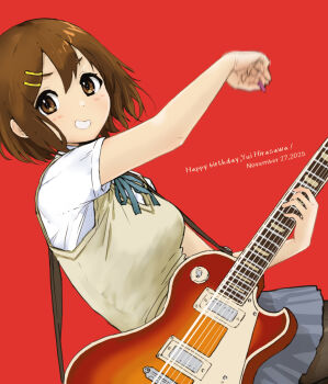 1girl black_pantyhose blue_ribbon blush dot_nose electric_guitar feet_out_of_frame female_focus gibson_les_paul gloves guitar hair_between_eyes hair_ornament hairclip hirasawa_yui holding holding_guitar holding_instrument instrument k-on! looking_at_viewer motion_lines pantyhose plectrum red_background ribbon sakuragaoka_high_school_uniform school_uniform shirt short_hair short_sleeves simple_background smile solo sweater_vest teeth too51044448 white_shirt yellow_sweater_vest