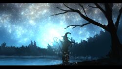 Rule 34 | 1other, absurdres, bare tree, forest, full body, hat, highres, holding, holding staff, lake, letterboxed, nature, night, night sky, original, scenery, sky, solo, soraciel, sparkle, staff, standing, star (sky), starry sky, tree, witch hat