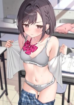 1girl artist_name bare_shoulders blurry blurry_background blush bob_cut bow bowtie bra braid breasts brown_eyes brown_hair chair charl2837 classroom closed_mouth clothes_pull clothes_writing collarbone commentary cowboy_shot depth_of_field desk diagonal-striped_bow diagonal-striped_bowtie diagonal-striped_clothes dot_nose fingernails grey_sports_bra grey_sports_panties groin hair_bow highres indoors kamiyama_high_school_uniform_(project_sekai) long_fingernails long_sleeves looking_at_viewer navel open_clothes open_shirt panties pink_bow pink_bowtie plaid_clothes plaid_skirt pleated_skirt project_sekai school_chair school_desk school_uniform shinonome_ena shirt short_hair side_braid sidelocks skirt skirt_pull small_breasts solo sports_bra sports_panties standing stomach striped_bow striped_bowtie striped_clothes sweat swept_bangs underwear underwear_writing undressing v-shaped_eyebrows white_bow white_shirt