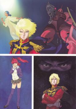 2boys 2girls absurdres aiming aiming_at_viewer beam_rifle bindi blonde_hair blue_eyes char&#039;s_deleted_affair char_aznable dark_skin dress energy_gun epaulettes gelgoog_s_char_custom green_eyes gundam haman_karn highres indian_clothes kitazume_hiroyuki lalah_sune machinery mecha military_uniform mobile_suit mobile_suit_gundam multiple_boys multiple_girls official_art one-eyed pink_hair radio_antenna robot scan science_fiction scope shield thighhighs traditional_media tunic weapon zeon