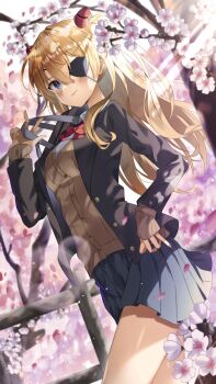 Rule 34 | 1girl, @shun, blue eyes, blush, cherry blossoms, evangelion: 3.0+1.0 thrice upon a time, eyepatch, flower, highres, looking at viewer, neon genesis evangelion, orange hair, rebuild of evangelion, school uniform, solo, souryuu asuka langley
