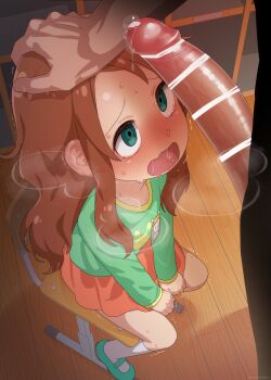 1boy 1girl absurdres bar_censor blouse blush brown_hair censored chair erection green_eyes green_shirt hand_on_another's_head has_bad_revision highres imminent_fellatio kobayashi-san_chi_no_maidragon loli long_hair looking_at_penis mizumizuni on_chair open_mouth penis penis_awe precum saikawa_riko shirt shoes sitting skirt snot socks sweat tears