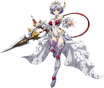 1girl armor armored_boots bare_shoulders boots bracer breasts circlet cleavage closed_mouth covered_navel curtained_hair detached_sleeves faulds floating_clothes full_body game_cg garter_straps grey_hair hair_ornament holding holding_sword holding_weapon langrisser langrisser_ii langrisser_mobile large_breasts leg_up leotard looking_at_viewer official_alternate_costume official_art outstretched_arm outstretched_hand puffy_sleeves purple_thighhighs red_straps serious sherry_(langrisser) short_hair showgirl_skirt sideless_leotard sideless_outfit simple_background skirt solo standing standing_on_one_leg strap sword tachi-e thigh_armor thighhighs third-party_source tiara transparent_background weapon white_leotard white_skirt white_sleeves
