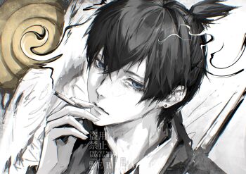 1boy absurdres arm_up black_hair black_jacket blue_eyes chainsaw_man cigarette collared_shirt crossed_bangs double-parted_bangs earrings ericathw eyelashes hayakawa_aki highres holding holding_cigarette jacket jewelry male_focus open_collar piercing ponytail shirt short_hair short_ponytail smoking solo stud_earrings watermark white_shirt