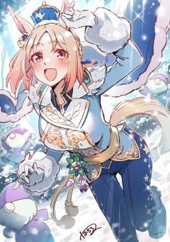 1girl animal_ears blonde_hair blue_cape blue_crown blue_jacket blue_pants blue_shirt blush braid breasts cape collared_shirt commentary_request crown elf gloves hachiroku_(hatirokusann86) highres horse_ears horse_girl horse_tail jacket large_breasts long_sleeves looking_at_viewer medium_hair mini_crown narita_top_road_(celestial_road)_(umamusume) narita_top_road_(umamusume) official_alternate_costume open_mouth pants pointy_ears purple_eyes shirt smile tail two-tone_cape umamusume white_gloves