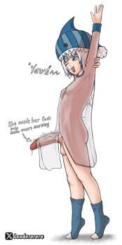 1futa :3 :d breasts english_text full_body futanari gawr_gura highres hololive hololive_english large_penis leoderorero medium_breasts multicolored_hair open_mouth penis precum simple_background smile socks solo testicles tiptoes twitter_username twitter_x_logo virtual_youtuber white_background yawning