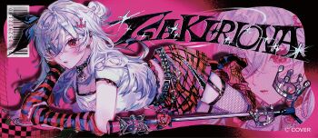 1girl arm_warmers barcode belt black_belt black_bow black_choker black_shoes bow character_name choker commentary_request copyright_name crossed_bangs crown double-parted_bangs earclip earrings fishnet_thighhighs fishnet_top fishnets frilled_shirt frills full_body garter_straps grey_hair hair_bow hair_bun highres hololive hololive_dev_is isaki_riona jewelry long_hair looking_at_viewer lying messy_hair miniskirt official_art on_stool one_side_up oo6 over-kneehighs pendant_choker plaid_clothes plaid_skirt pleated_skirt red_arm_warmers red_eyes red_skirt shirt shoes short_sleeves single_hair_bun skirt solo stool striped_arm_warmers studded_belt thighhighs virtual_youtuber wallet_chain white_shirt zoom_layer