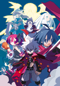 4boys 4girls ahoge almaz_von_almadine_adamant asuka_cranekick bat_wings blue_eyes blue_hair champloo demon demon_girl disgaea everyone food geoffrey_(disgaea) glasses harada_takehito jacket kyoko_needleworker long_hair makai_senki_disgaea_3 mao_(disgaea) mr._champloo multiple_boys multiple_girls nippon_ichi official_art pantyhose pink_eyes pink_hair pointy_hair raspberyl sapphire_rhodonite scarf school_uniform short_hair smile white_hair wings