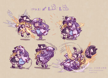 2girls :&lt; absurdres apron attack_trail back_bow black_footwear black_hat blonde_hair blue_bow bow bowtie command_input crescent ddt_(wrestling) dress fighting_game footwear_bow hair_bow hat hat_bow hat_ornament highres kicking kirisame_marisa long_hair mob_cap motion_blur motion_lines multiple_girls nero_augustus open_mouth patchouli_knowledge purple_eyes purple_hair red_bow simple_background socks street_fighter street_fighter_6 striped_clothes striped_dress tearing_up tongue tongue_out touhou v-shaped_eyebrows waist_apron white_bow witch_hat zangief