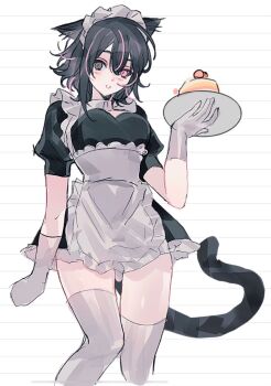 1girl animal_ears apron black_dress black_eyes black_hair breasts cat_ears cat_girl cat_tail degrees_of_lewdity dress elbow_gloves freesia_quan gloves heterochromia highres looking_at_viewer maid maid_apron maid_headdress medium_breasts multicolored_hair pink_eyes pink_streaks player_character_(degrees_of_lewdity) player_character_(female)_(degrees_of_lewdity) puffy_short_sleeves puffy_sleeves serving short_sleeves solo standing streaked_hair tail thighhighs underbust waist_apron white_gloves white_thighhighs