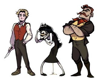 Rule 34 | 1girl, 2boys, arm hair, august (fear &amp; hunger), bandana, bandana around neck, black dress, black footwear, black hair, black lips, black pants, blonde hair, boots, brown footwear, brown jacket, brown pants, caricature, closed mouth, colored teeth, commentary, crossed arms, dress, facial hair, fear &amp; hunger, fear &amp; hunger (series), fear &amp; hunger 2: termina, full body, goatee, grin, hand in pocket, hand on own cheek, hand on own face, hand on own head, henryk (fear &amp; hunger), highres, holding, holding knife, jacket, karladraws14, knees together feet apart, knife, lineup, long hair, long sleeves, looking at viewer, medium dress, messy hair, multiple boys, mustache, open clothes, open jacket, pants, peeing, red bandana, red hair, red vest, samarie (fear &amp; hunger), shirt, shoes, short hair, simple background, smile, standing, vest, white background, white shirt, yellow shirt, yellow teeth