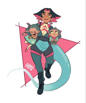 &gt;_&lt; 1boy 2girls absurdres artist_name black_footwear boots bracelet carrying closed_mouth commentary dragapult dreepy dress earrings gen_8_pokemon green_dress green_hair heart highres jewelry kiana_mai long_sleeves looking_at_viewer looking_up multiple_girls nintendo open_mouth pantyhose parted_bangs personification pointy_ears pokemon red_footwear shoes short_hair smile standing tail teeth tongue two_side_up upper_teeth_only yellow_legwear