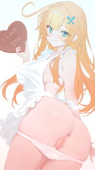 1girl :q absurdres anus apron ass blonde_hair blue_eyes braid breasts cameltoe censored chocolate cowboy_shot cowlick english_text escoffier_(genshin_impact) food genshin_impact hair_ornament heart heart_in_eye heart_print heart_print_panties highres holding holding_chocolate holding_food holding_heart large_variant_set long_hair looking_at_viewer looking_back medium_breasts mixed-language_commentary mosaic_censoring nearly_naked_apron neurotic_neko panties panty_pull pasties print_panties pussy sideboob solo sparkle sparkling_eyes symbol_in_eye tongue tongue_out underwear variant_set white_apron