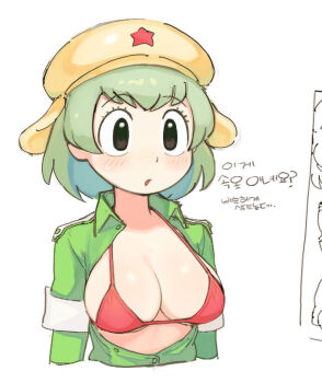 1girl batrobin_k black_eyes breasts cleavage collared_shirt green_hair green_shirt hat highres kemono_friends keroro keroro_(kemono_friends) keroro_gunsou korean_text large_breasts long_sleeves parted_lips shiny_skin shirt short_hair solo sweatdrop translation_request upper_body yellow_hat