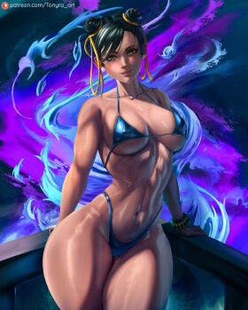 1girl abs abstract_background arms_behind_back aura bikini black_hair blue_background blue_bikini blush bracelet breasts brick_wall capcom chun-li collarbone commentary corner cow_horns crotch_seam curvy double_bun earrings energy hair_bun hair_over_one_eye hair_ribbon highleg highleg_one-piece_swimsuit horns jewelry large_breasts lipstick looking_at_viewer makeup micro_bikini muscular navel one-piece_swimsuit pearl_earrings pink_lips purple_background ribbon sidelocks signature solo street_fighter string_bikini swimsuit thick_thighs thighs thong thong_bikini tonyra wide_hips yellow_ribbon