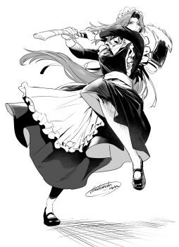 Rule 34 | absurdres, apron, arms up, ascot, axe, collared dress, dress, floating hair, frilled apron, frills, full body, greyscale, highres, holding, holding axe, juliet sleeves, kokoda wa, limbus company, long hair, long sleeves, maid, maid apron, maid headdress, monochrome, parted bangs, project moon, puffy sleeves, rodion (project moon), sash, shoes, very long hair, waist apron