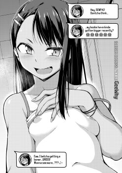 1girl blush bra bra_lift bracelet breasts chat_log clothes_lift earclip english_text fang flashing geewhy greyscale hair_ornament hairclip heavy_breathing highres ijiranaide_nagatoro-san jewelry lifting_own_clothes long_hair monochrome nagatoro_hayase navel nipples one-piece_tan selfie small_breasts solo strap_slip tan tanline text_messaging underwear watermark web_address