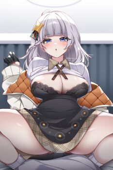 1boy 1girl :o absurdres ahoge areola_slip artist_name black_dress black_gloves blue_eyes blunt_bangs blush braid breasts cleavage clothes_lift commentary_request cowgirl_position curtains dress girl_on_top gloves gluteal_fold hair_ornament hetero highres indoors jacket kizuna_akari kyusai_kuma large_breasts long_hair long_sleeves looking_at_viewer open_clothes open_jacket open_mouth pov shirt shirt_lift socks solo_focus spread_legs straddling strapless strapless_dress twitter_username voiceroid white_jacket white_shirt white_socks