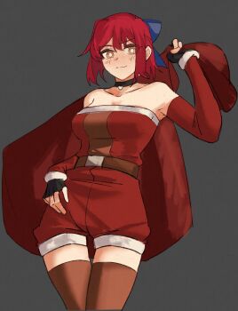 1girl absurdres bare_shoulders blue_bow bow choker christmas commentary cowboy_shot elbow_sleeve english_commentary ezekquel fingerless_gloves gloves grey_background hair_bow highres holding holding_sack kohaku_(tsukihime) red_hair sack tsukihime yellow_eyes