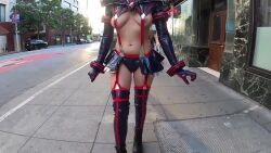 1girl animated ass ass_focus breast_focus breasts building car close-up cosplay cosplay_photo day exhibitionism flashing from_behind functionally_nude green_hair head_out_of_frame highres kill_la_kill large_breasts legs long_hair looking_at_another lower_body mask matoi_ryuuko matoi_ryuuko_(cosplay) medium_hair motor_vehicle music navel nipples outdoors pasties photo_(medium) public_indecency real_life revealing_clothes sagging_breasts senketsu shygothexhib sideboob sound suspenders thick_thighs thigh_gap thighs thong upskirt video walking window