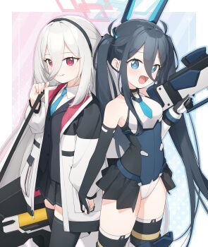 2girls absurdres aqua_halo aris_(armed)_(blue_archive) aris_(blue_archive) back-to-back black_hair black_hairband blue_archive blue_eyes blue_necktie commentary cowboy_shot hair_between_eyes hairband halo highres jacket kei_(blue_archive) kei_(new_body)_(blue_archive) leotard long_hair long_hair_between_eyes looking_at_viewer mecha_musume mechanical_wings multicolored_leotard multiple_girls necktie pink_halo rectangular_halo red_eyes ringed_eyes shiroba_kamiya shirt showgirl_skirt smile twintails very_long_hair white_jacket white_shirt wings